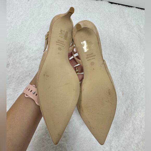 Stuart Weitzman Women's 50 Pointed Toe Kitten Heel Pumps Tan Suede 8 38.5 - Picture 7 of 12